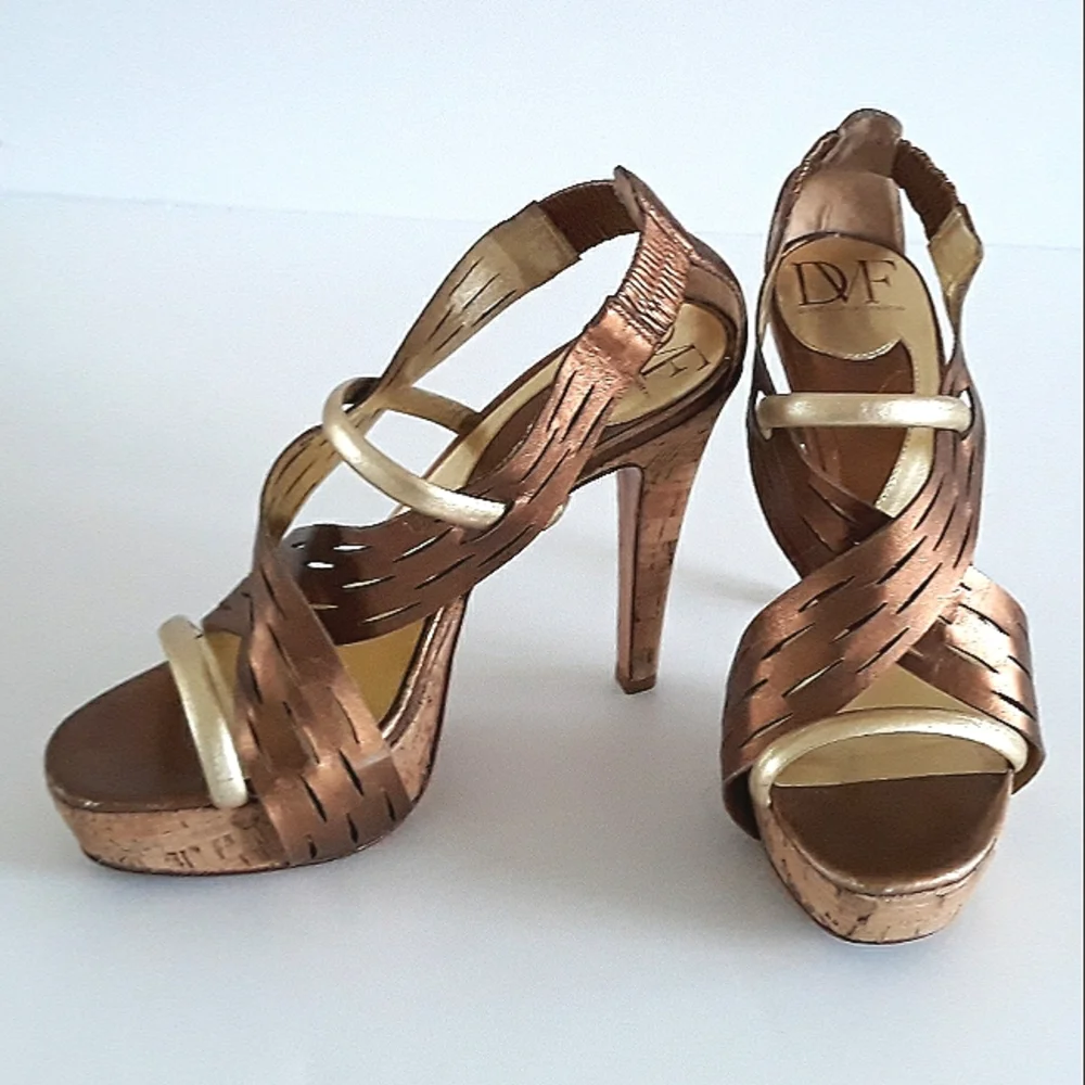 *DVF copper & gold leather slingback cork platform heels 9M Brazil
